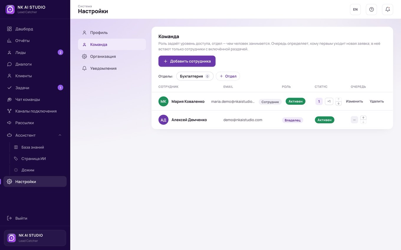 Отделы, роли и очередь заявок